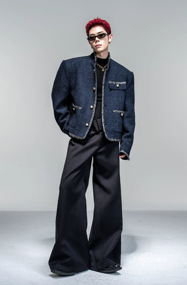 Navy Blue Tweed Cropped Jacket with Frayed Trim
