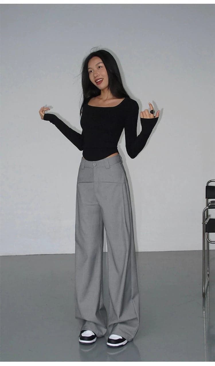 Black High-Waist Straight-Leg Suit Trousers - chiclara