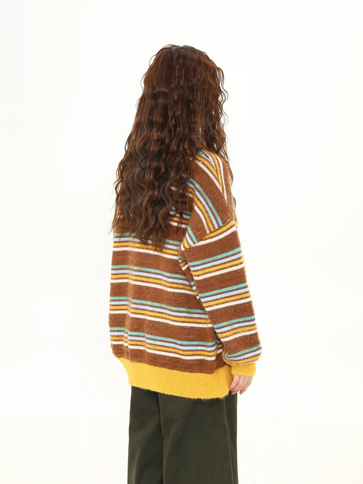 Retro Striped Fuzzy Knit Collared Sweater