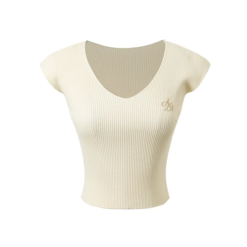 Ribbed V-Neck Cap Sleeve Crop Top