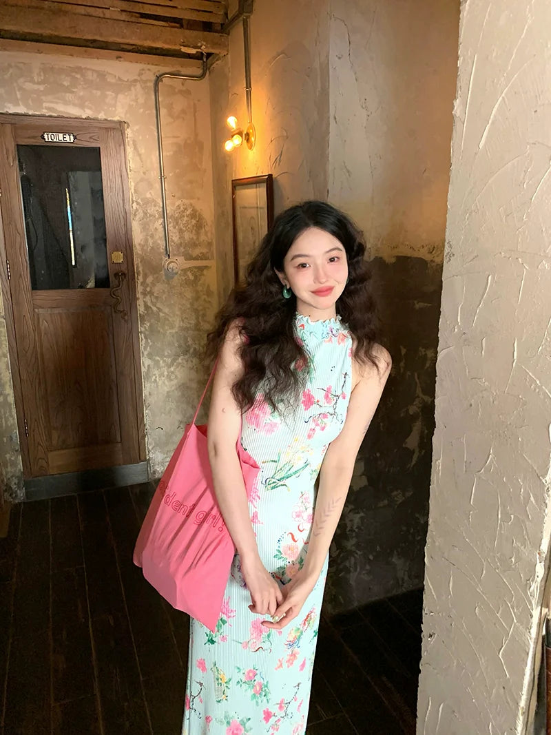 Mint Floral Sleeveless Maxi Dress
