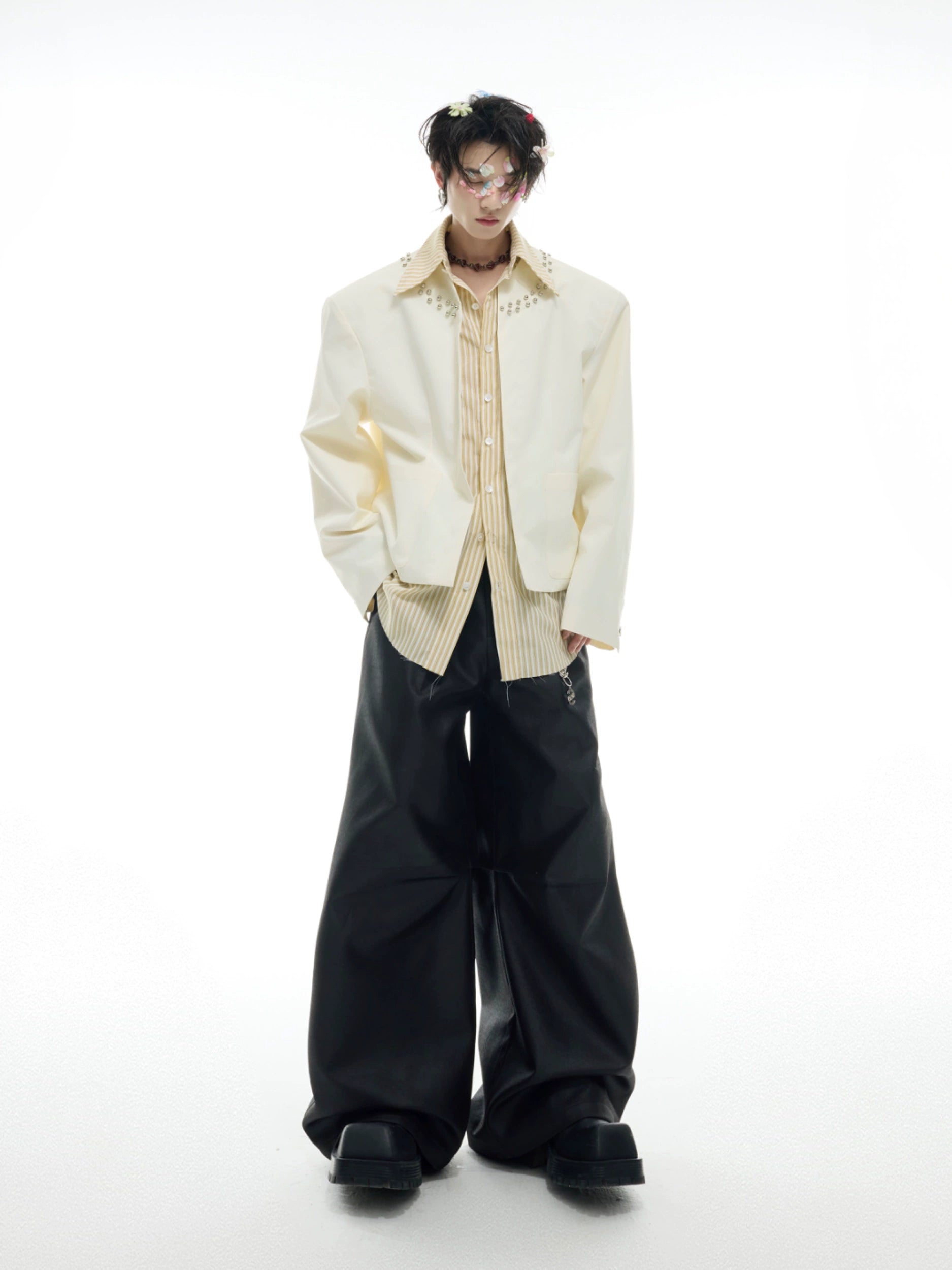 Crystal Collar Cream Zip-Up Jacket