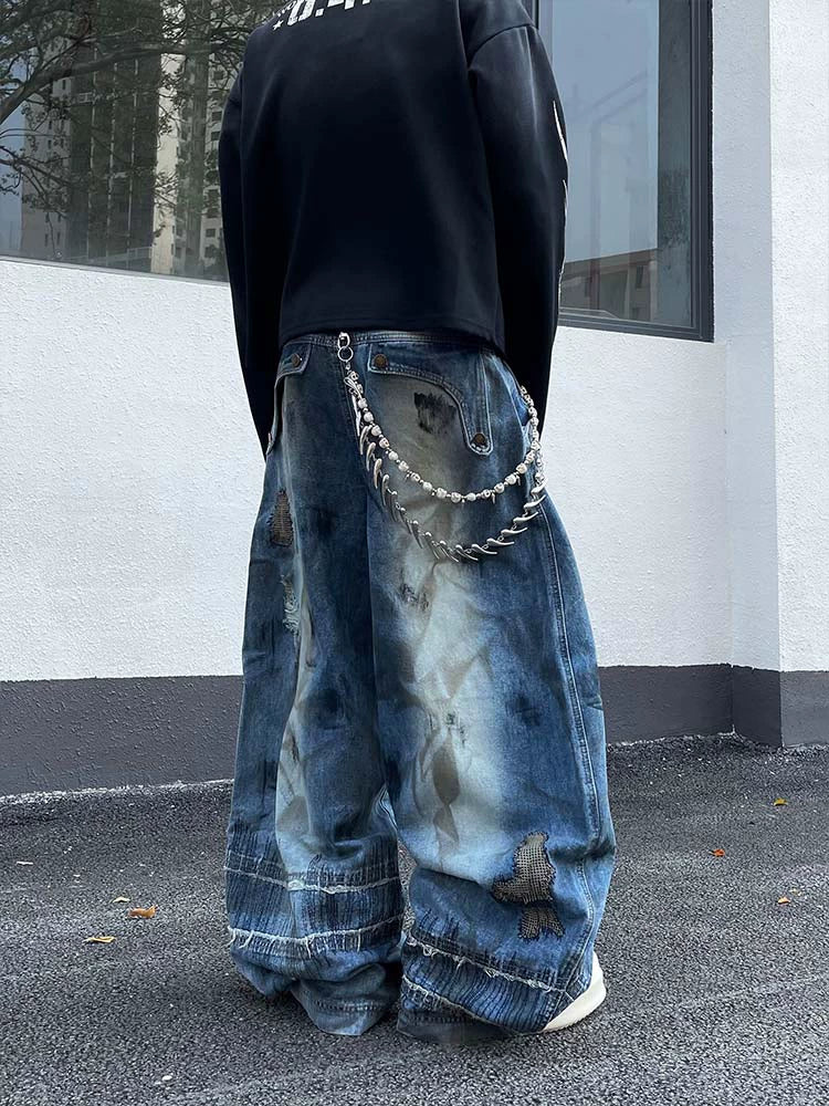 Patchwork Stitch Grunge Wide Leg Jeans