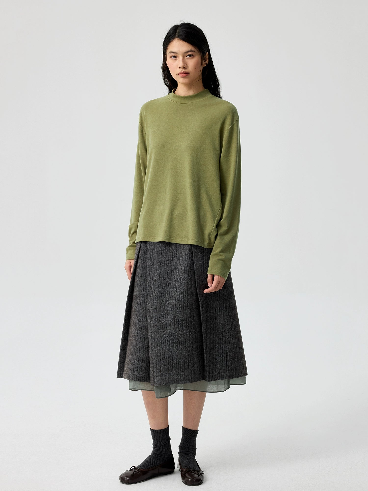 Pinstripe Wool Layered Midi Skirt