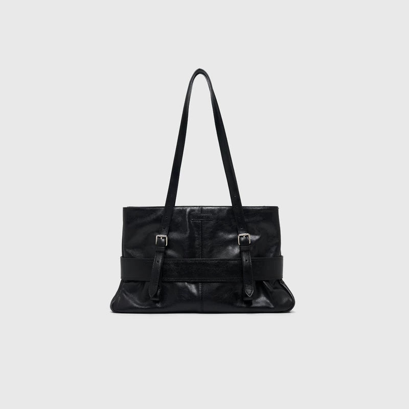 Oversized Buckle Leather Baguette Bag - Oil-Wax Black