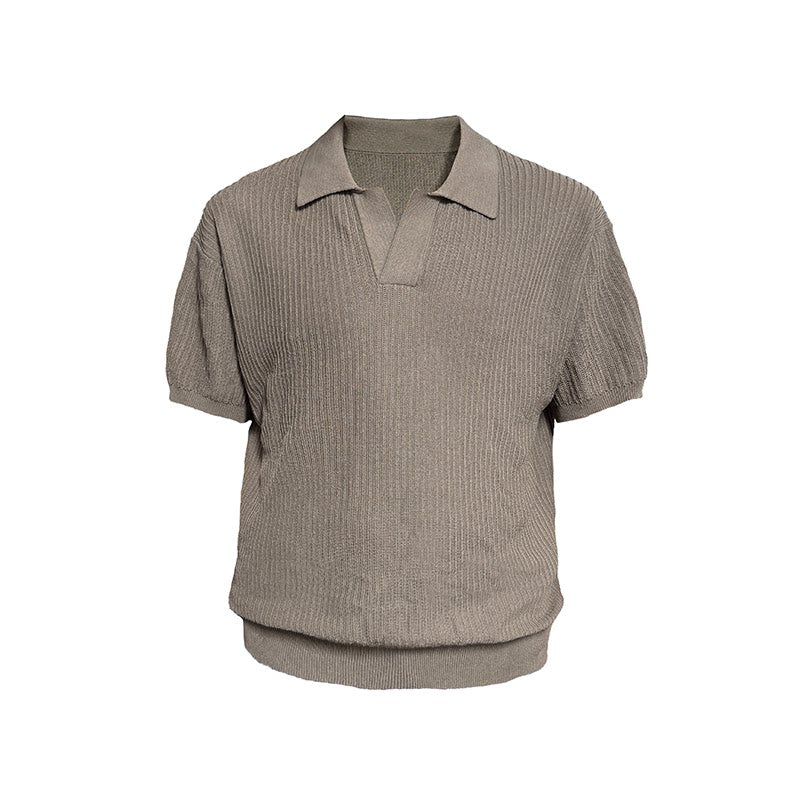 Textured Knit Open-Collar Polo Shirt