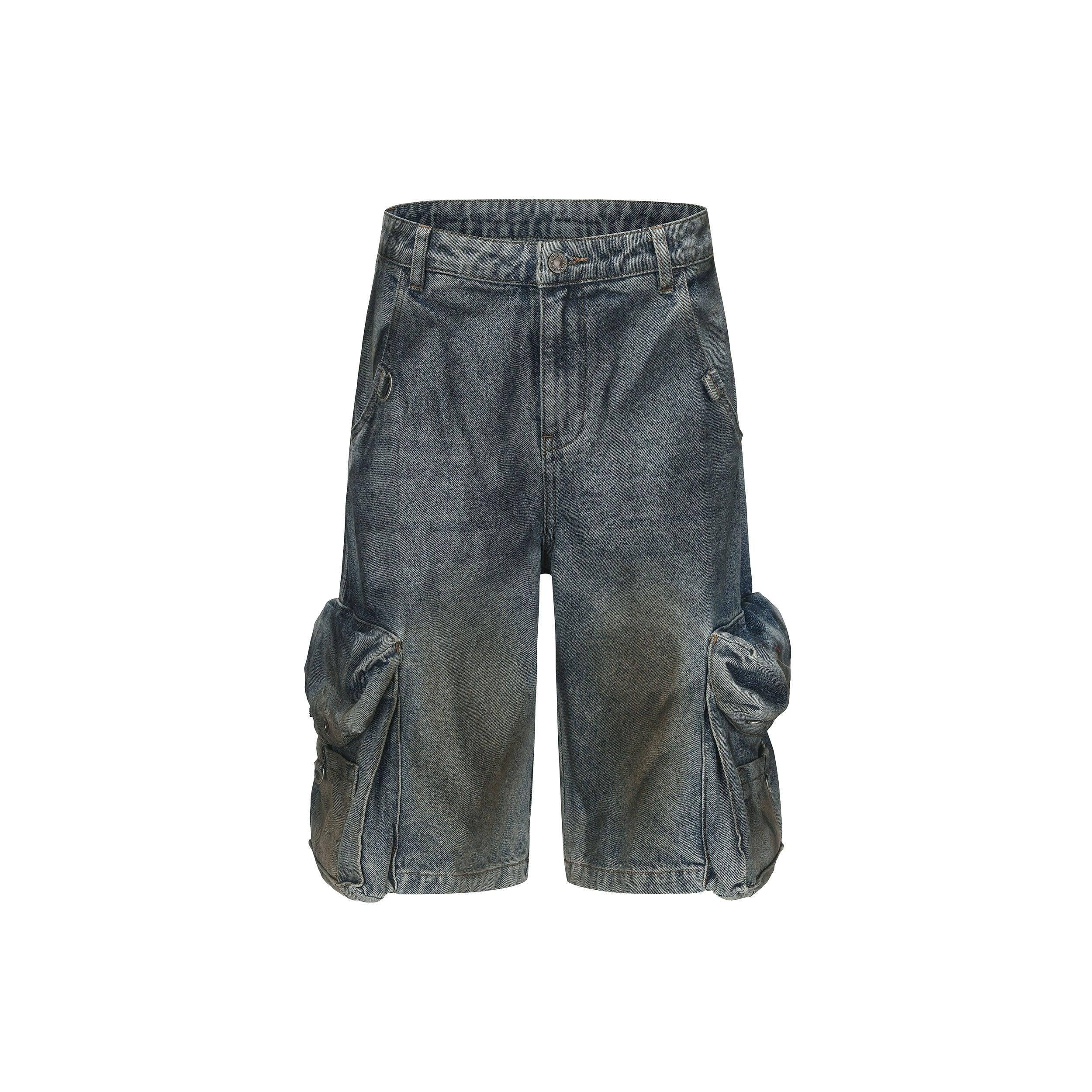 24Ans Distressed Denim Cargo Shorts - Men'S Loose Fit Washed Jean Shorts With Chain Accent