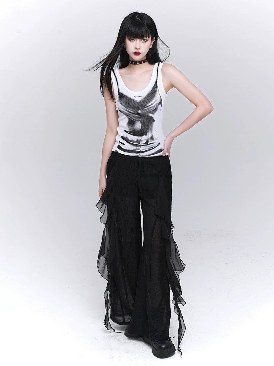 Ladyghost Grunge Skull Tank Top - Women'S Black And White Tie-Dye Sleeveless Shirt With Gothic Print