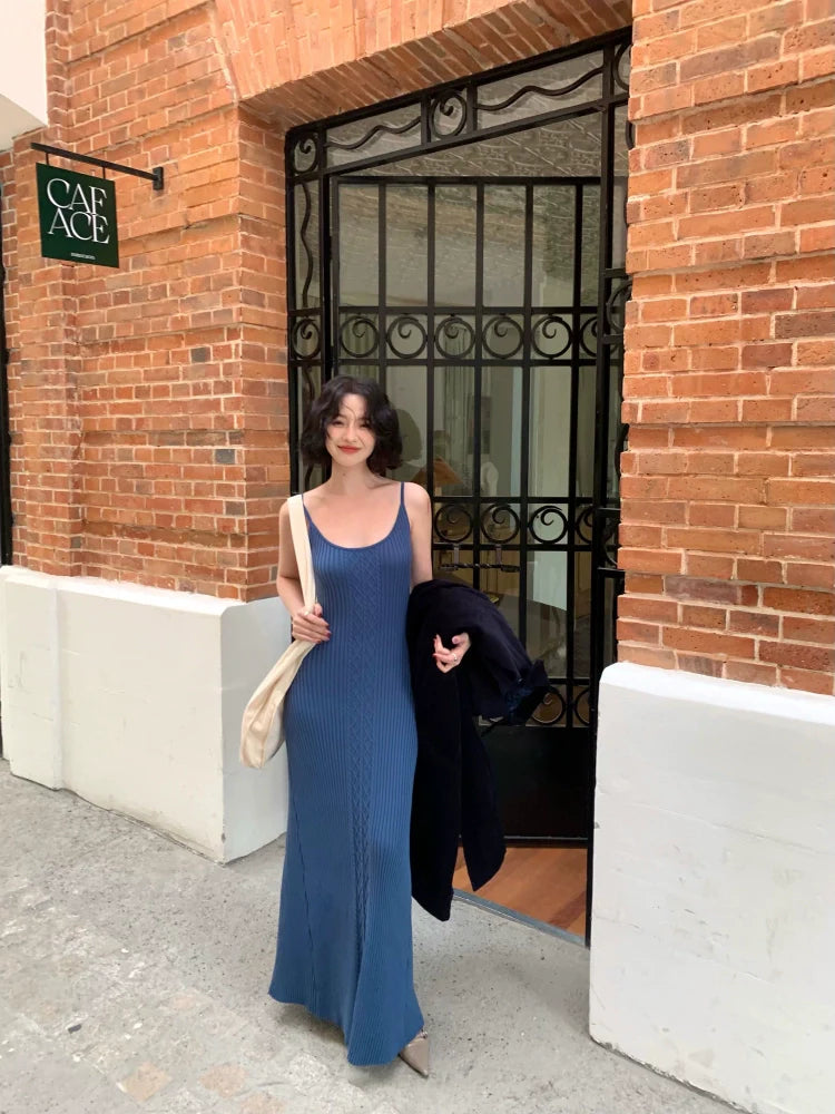 Slim Ribbed Knit Suspender Maxi Dress