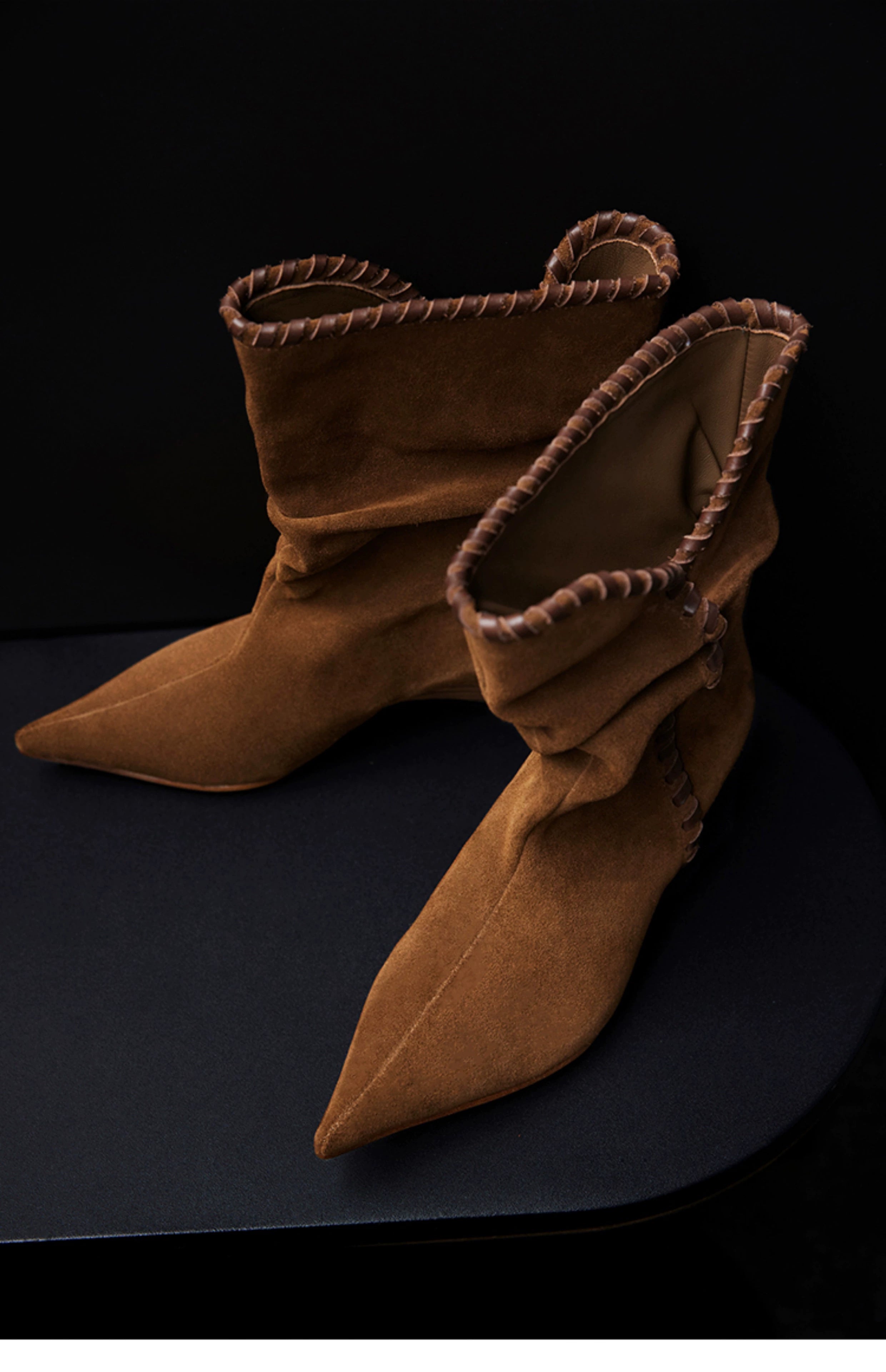 Brown Suede Slouchy Pointed-Toe Boots with Whipstitch Trim