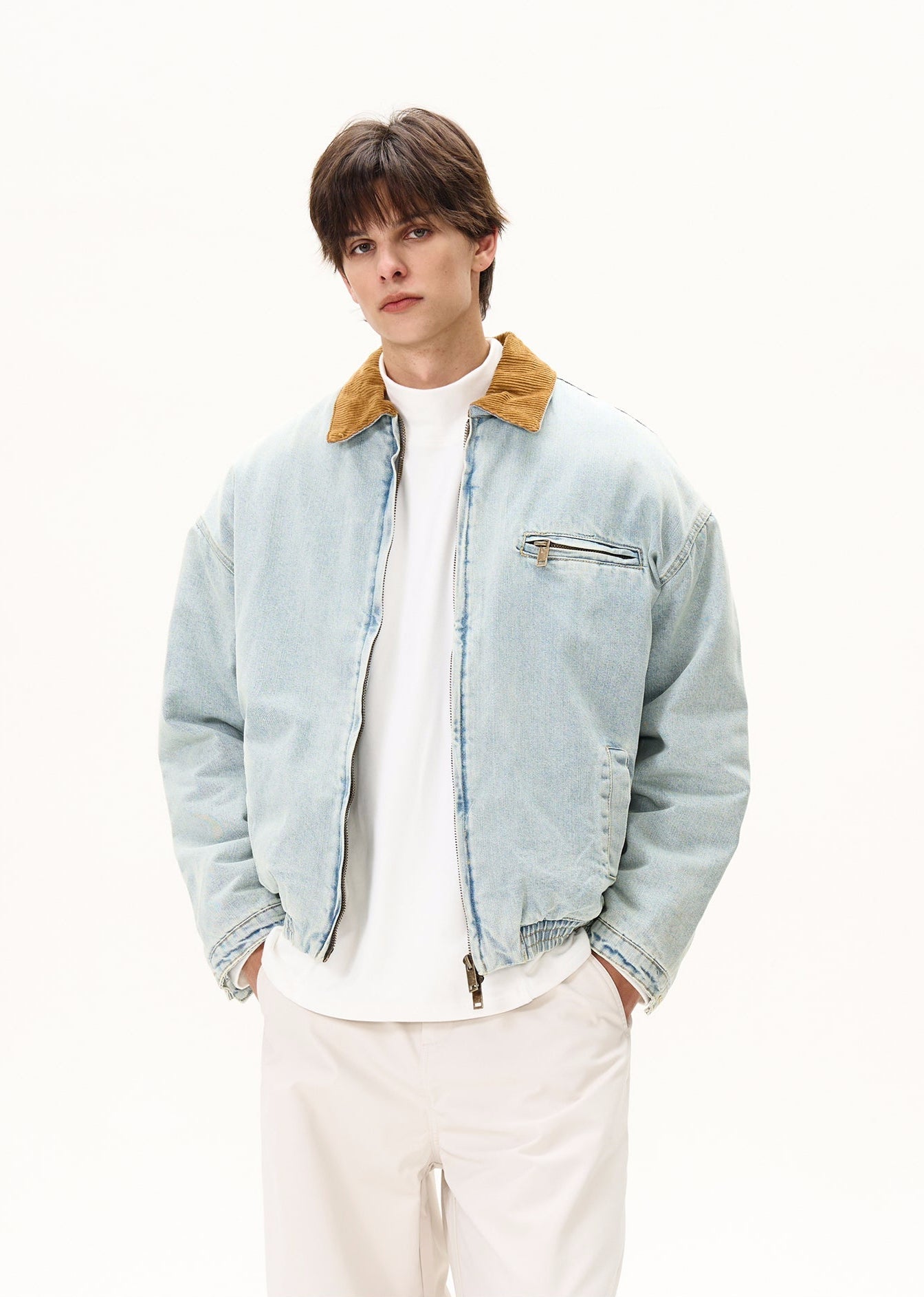 Corduroy Collar Light Denim Bomber Jacket