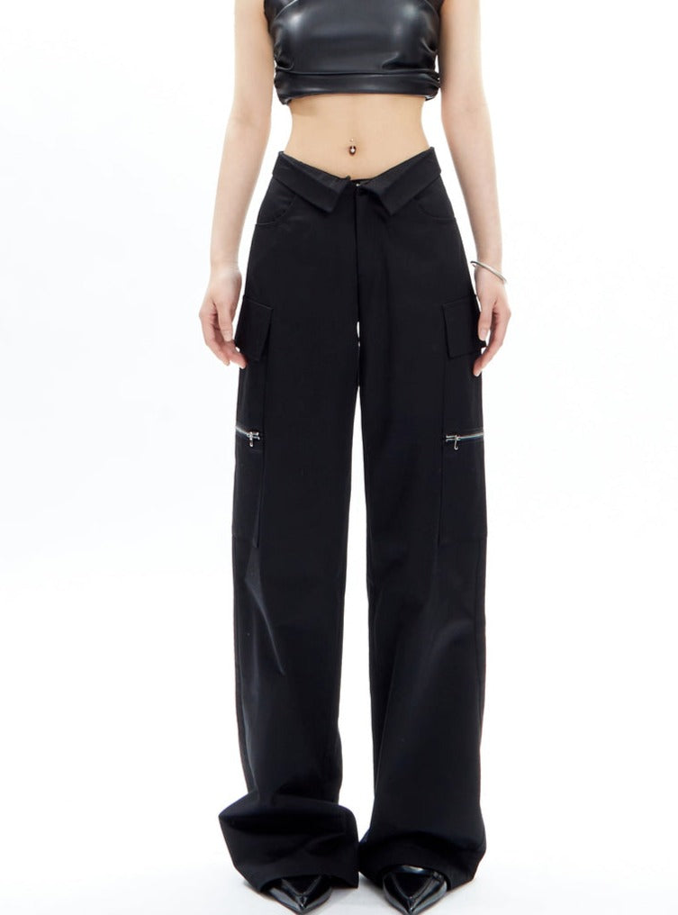 Wide-Leg Cargo Pants with Collar Waistband