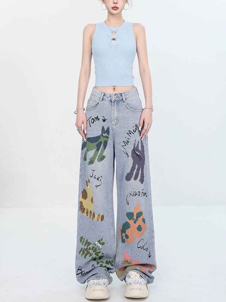 ABWEAR Whimsical Critter Doodle Wide-Leg Jeans