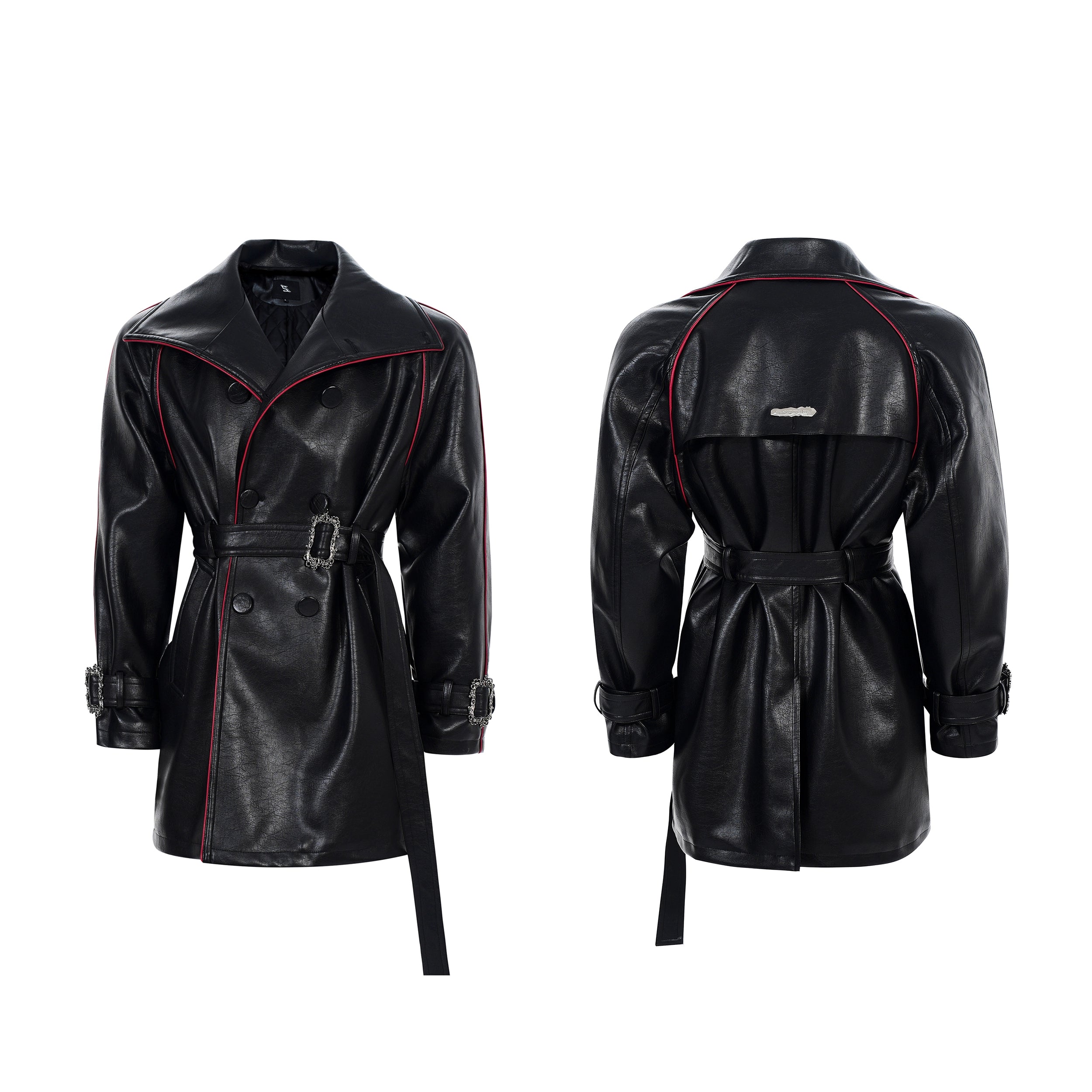 Crimson Piped Chain-Buckle Trench Coat