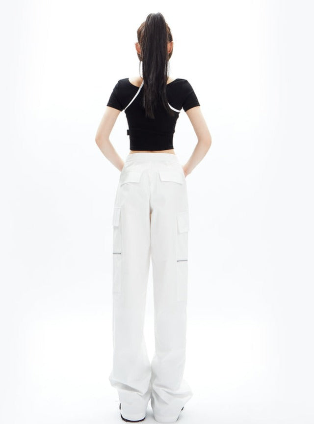 Wide-Leg Cargo Pants with Collar Waistband