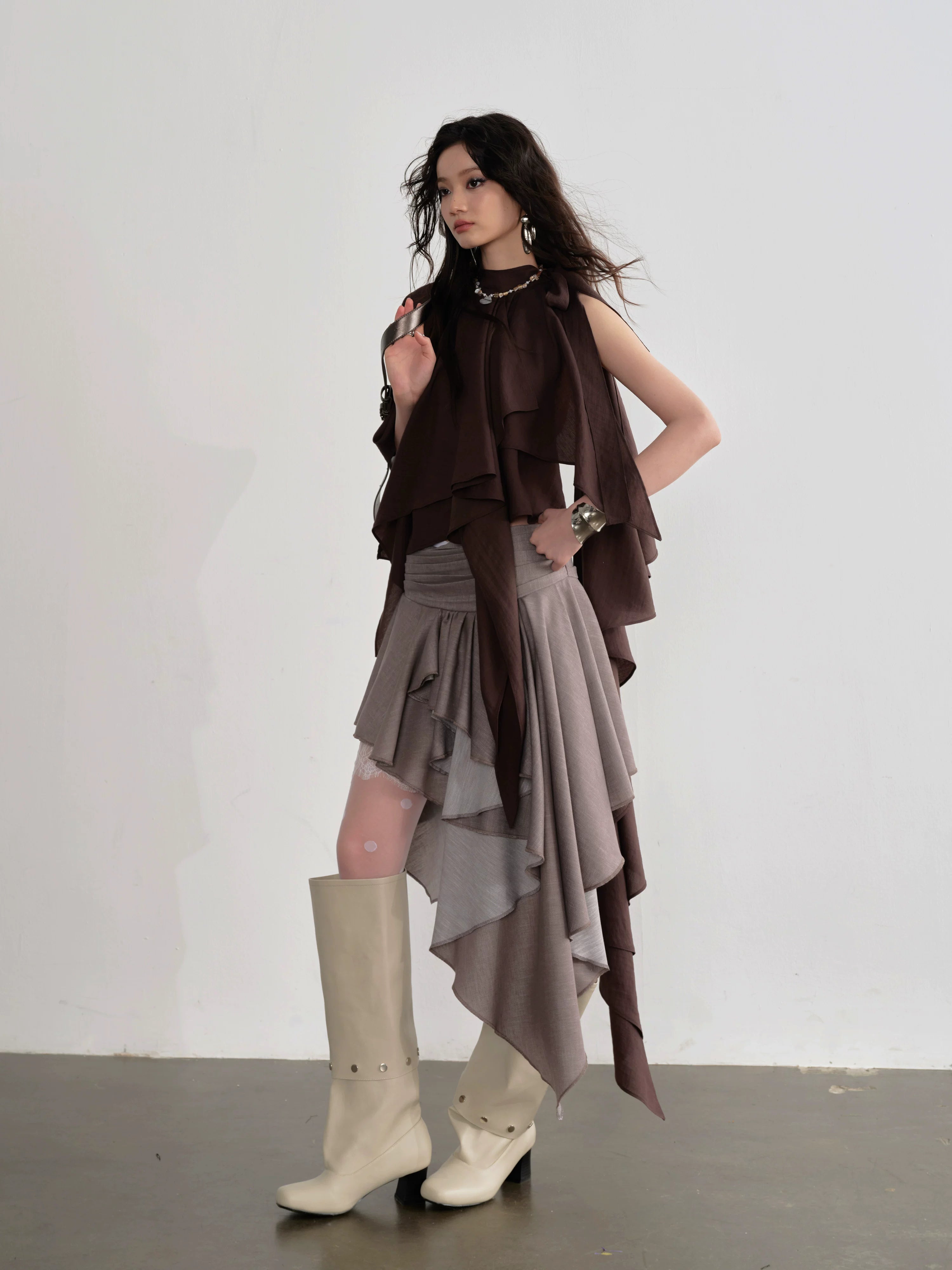 Mocha Cascade Ruffle Halter Top