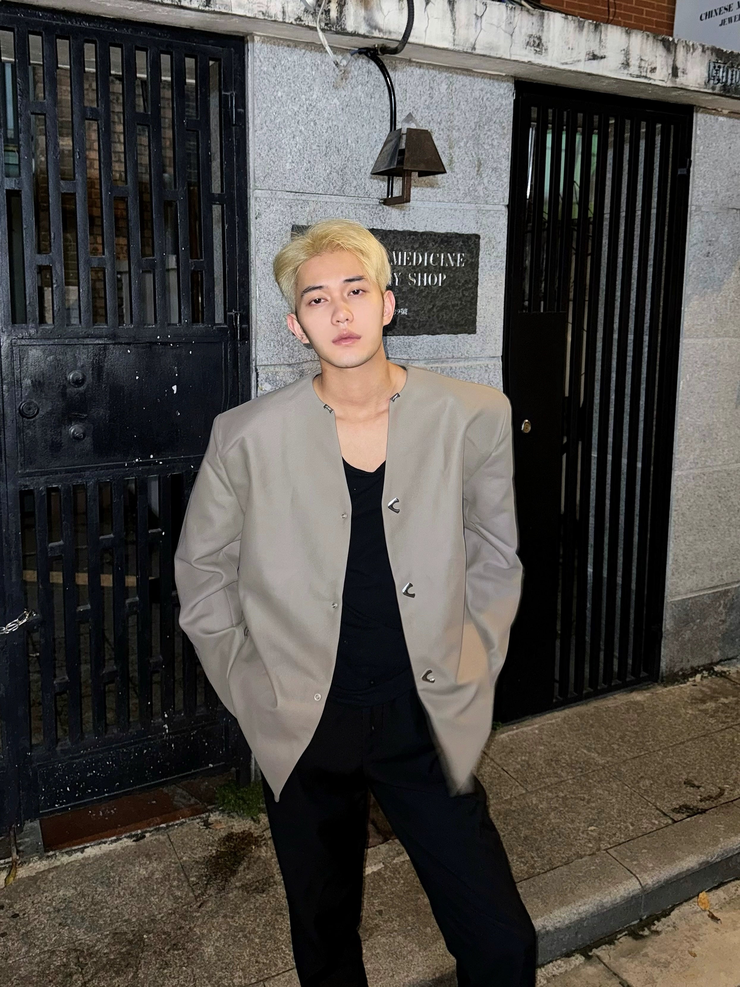Light Beige Collarless Long Coat with Asymmetric Button Fastening