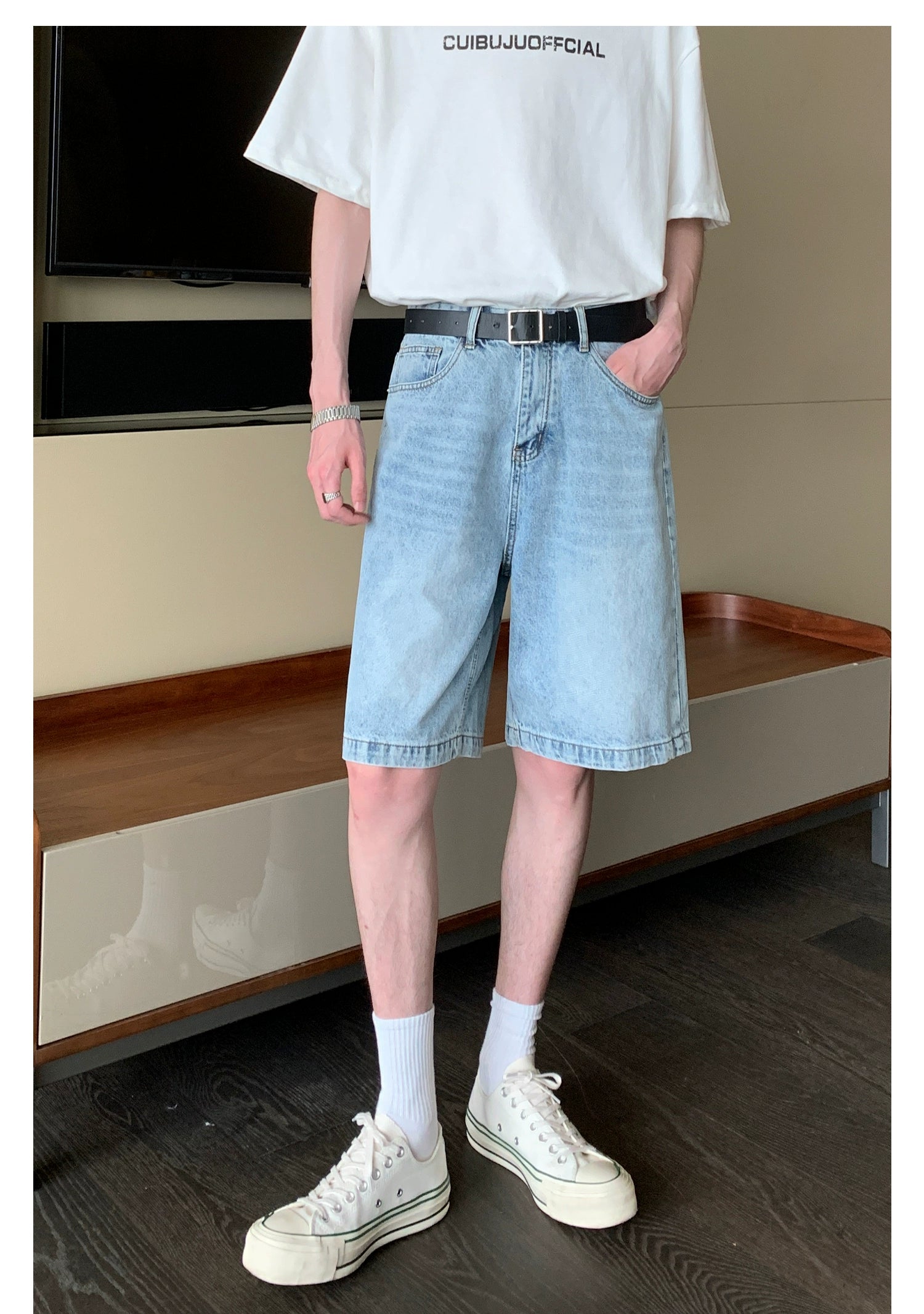 Faded Denim Shorts with Distressed Wash