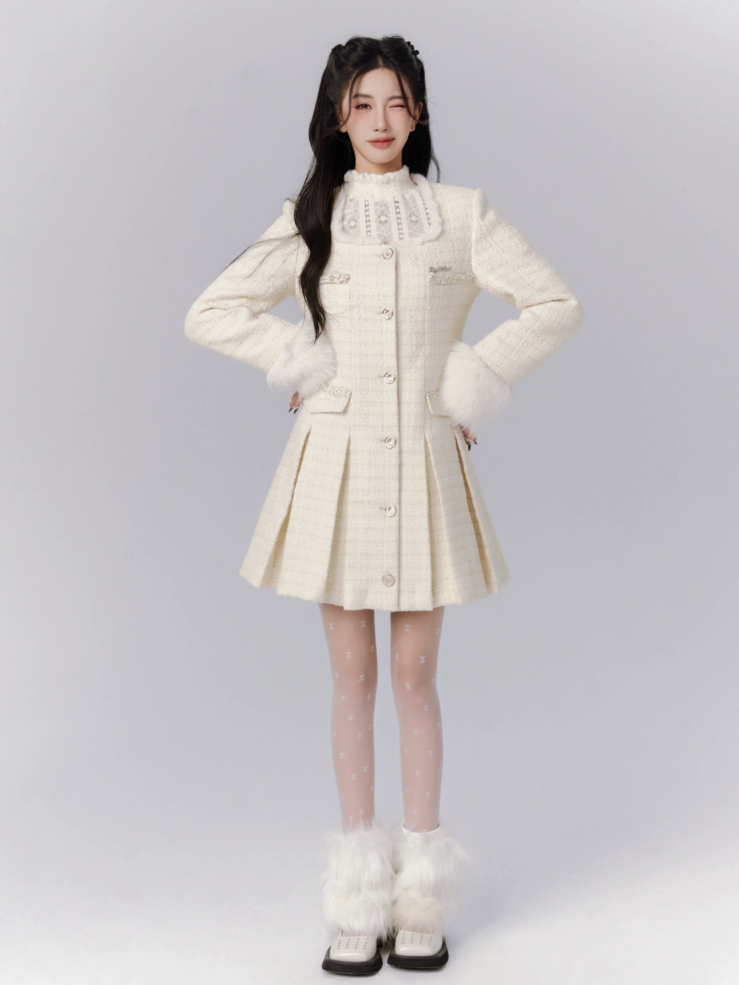 Elegant Ivory Tweed Coat Dress with Fur-Trimmed Cuffs