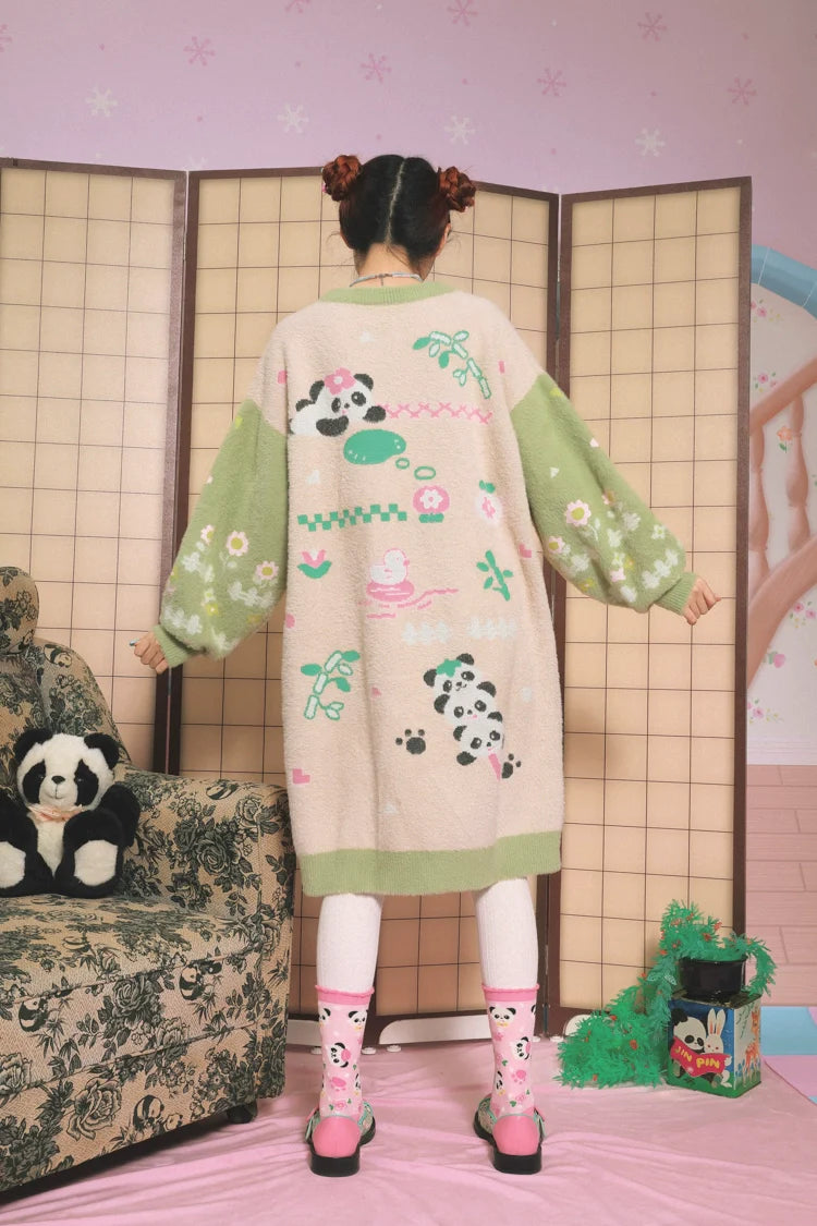 Spring Panda Garden Sweater Dress