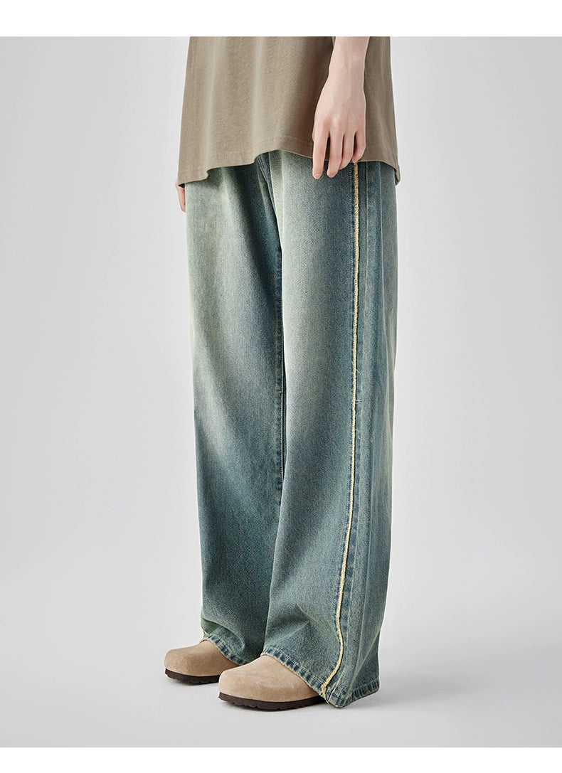 Casual Wide-Leg Denim Jeans With Distressed Wash And Frayed Hem - chiclara