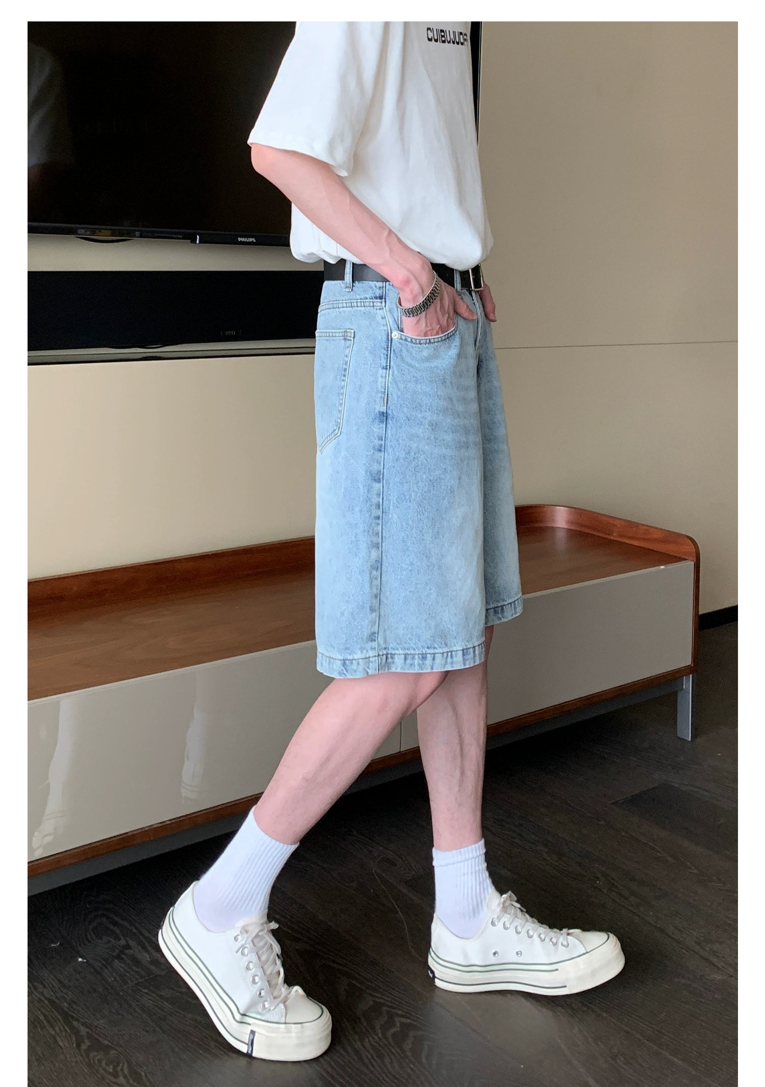 Faded Denim Shorts with Distressed Wash