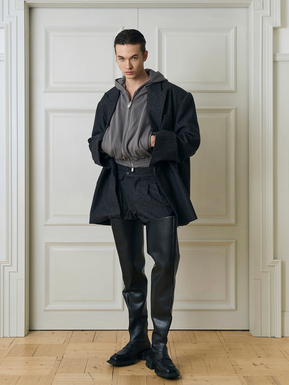 Oversized Charcoal Double-Breasted Suit and Wide-Leg Trousers Setup