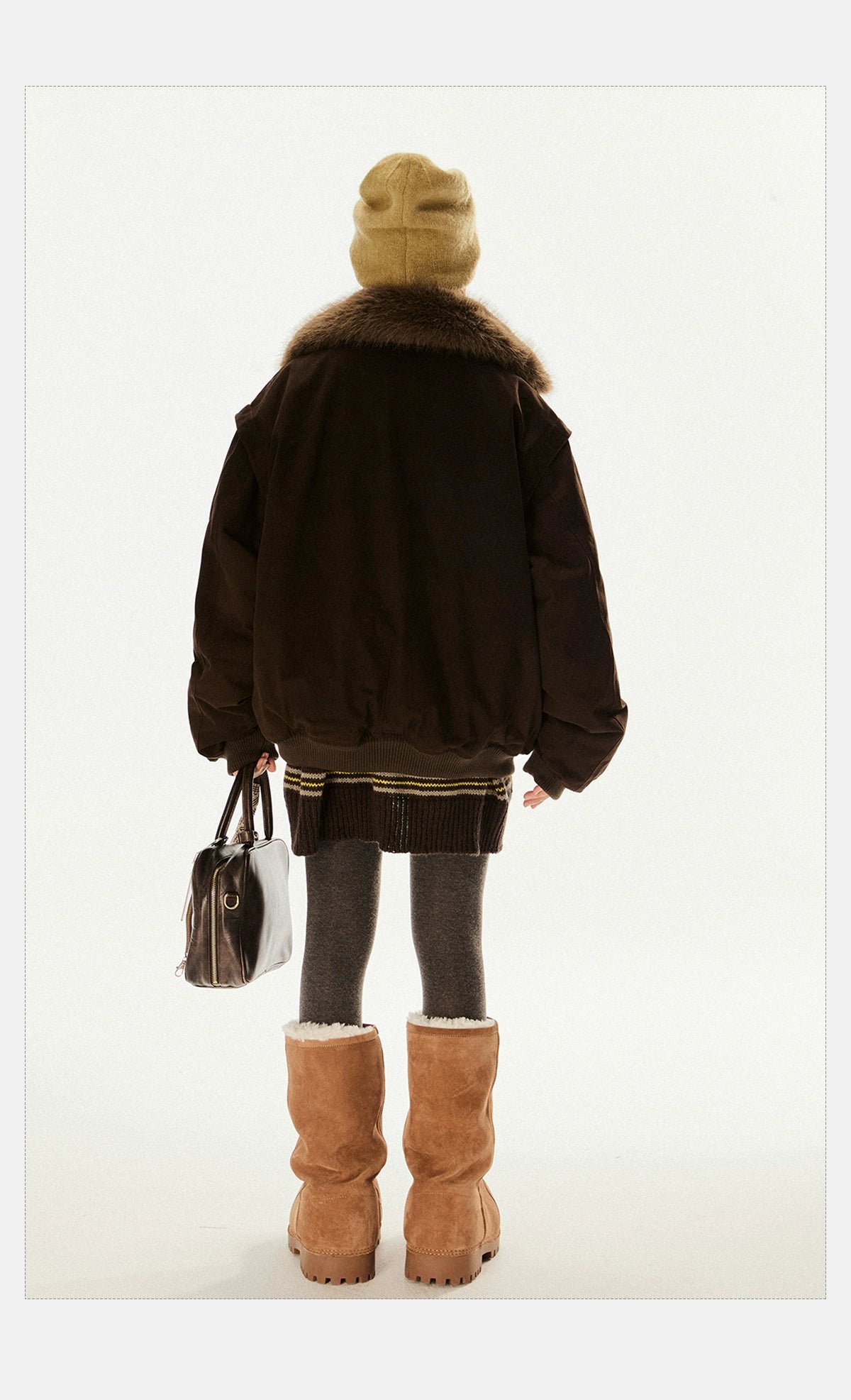 Oversized Faux Fur Collar Dark Brown Jacket