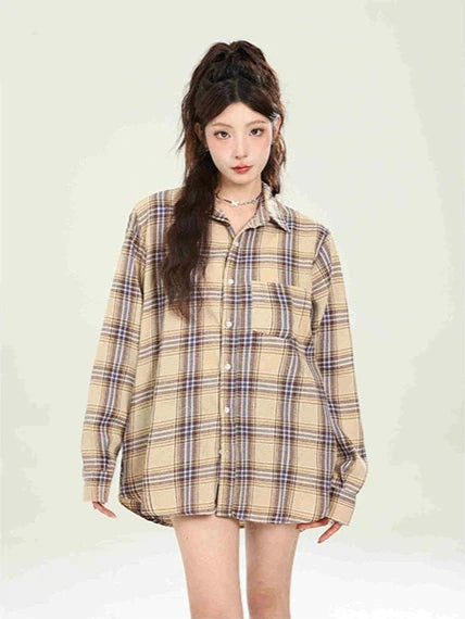 Vintage Loose Blue Plaid Shirt