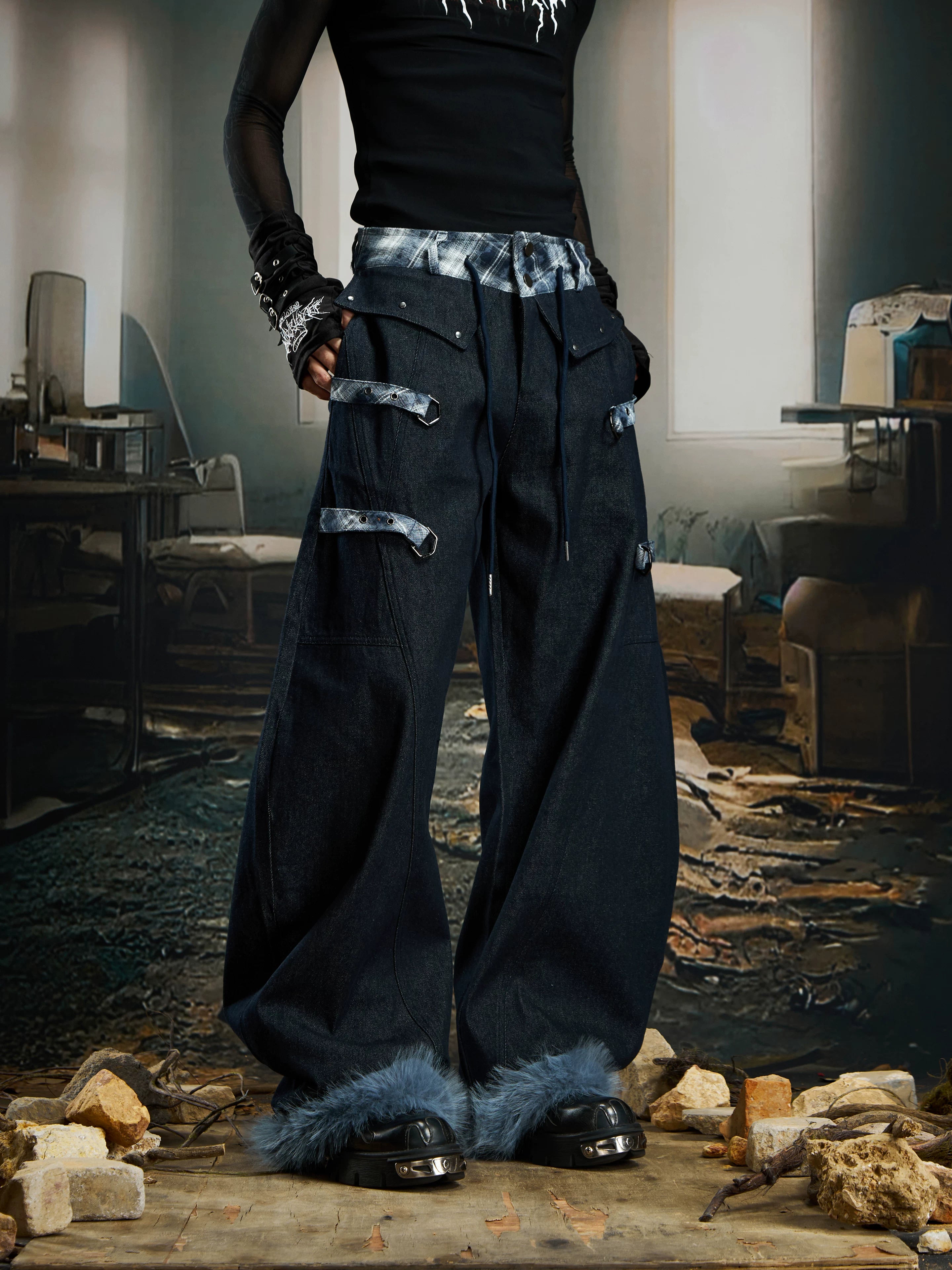 Crimson Plaid Fetters Fur Hem Pants