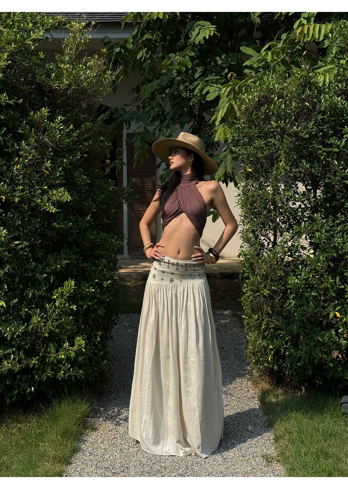 Beige Embroidered High Waist Midi Skirt