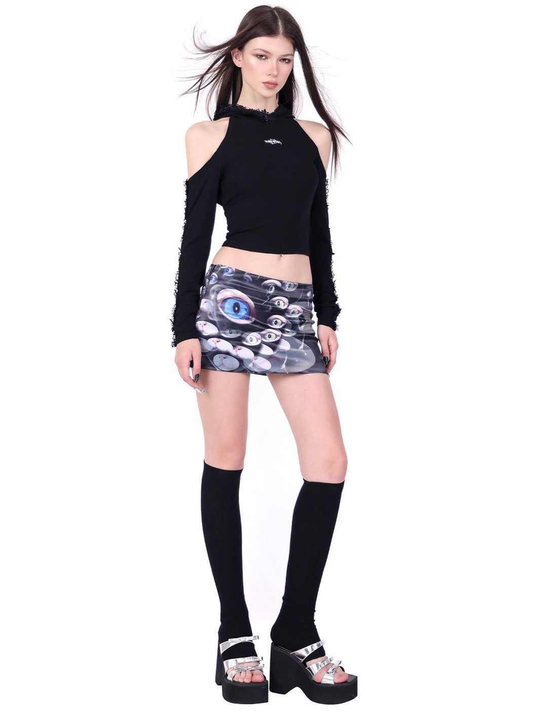 PINKSPINK Asymmetric Hooded Crop Top - Black