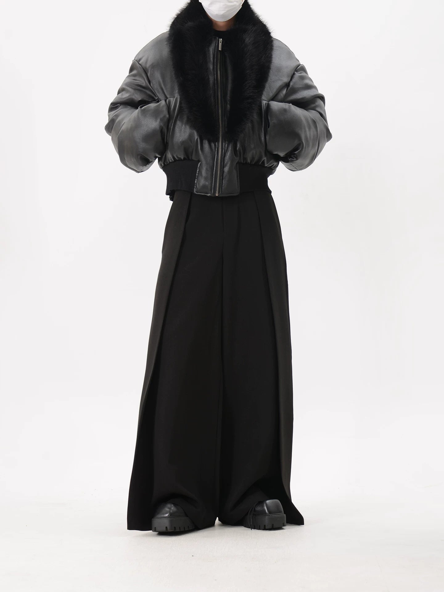 Black Faux Leather Cropped Puffer Jacket with Faux Fur Collar