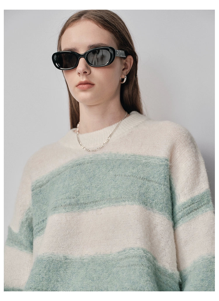 Irregular Wide-Striped Oversized Round Neck Sweater