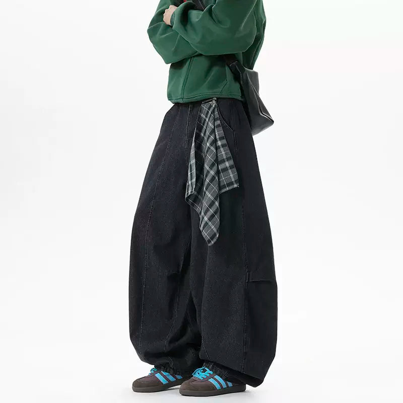 Plaid-Tie Barrel Denim Pants