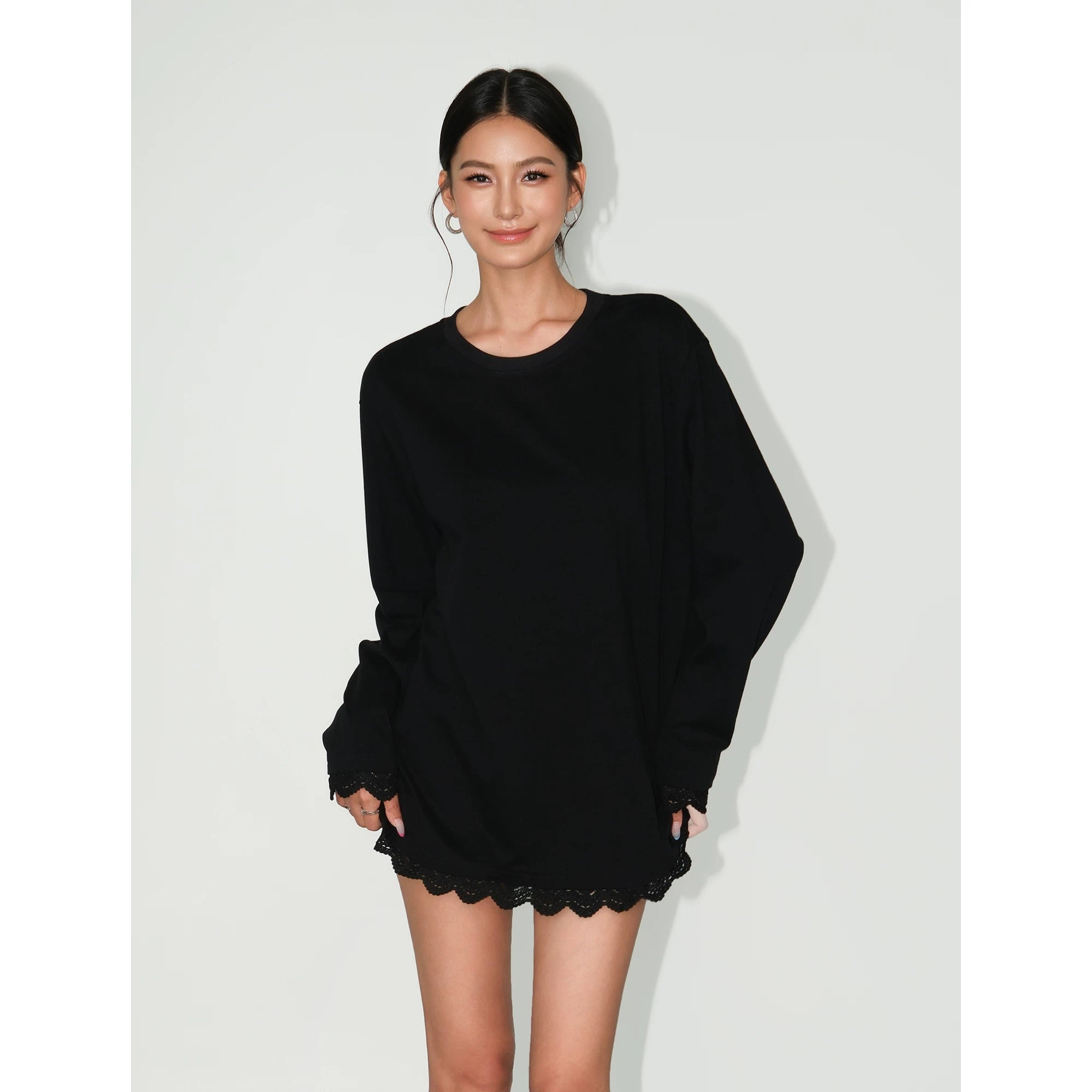 Soft Edge Lace-Hem Long Tee Dress