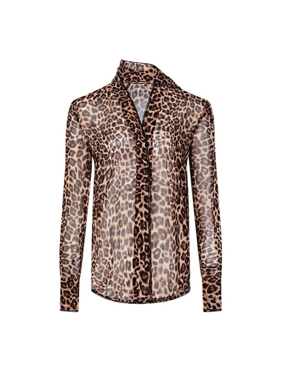 Sheer Leopard Print Slimming Shirt - chiclara