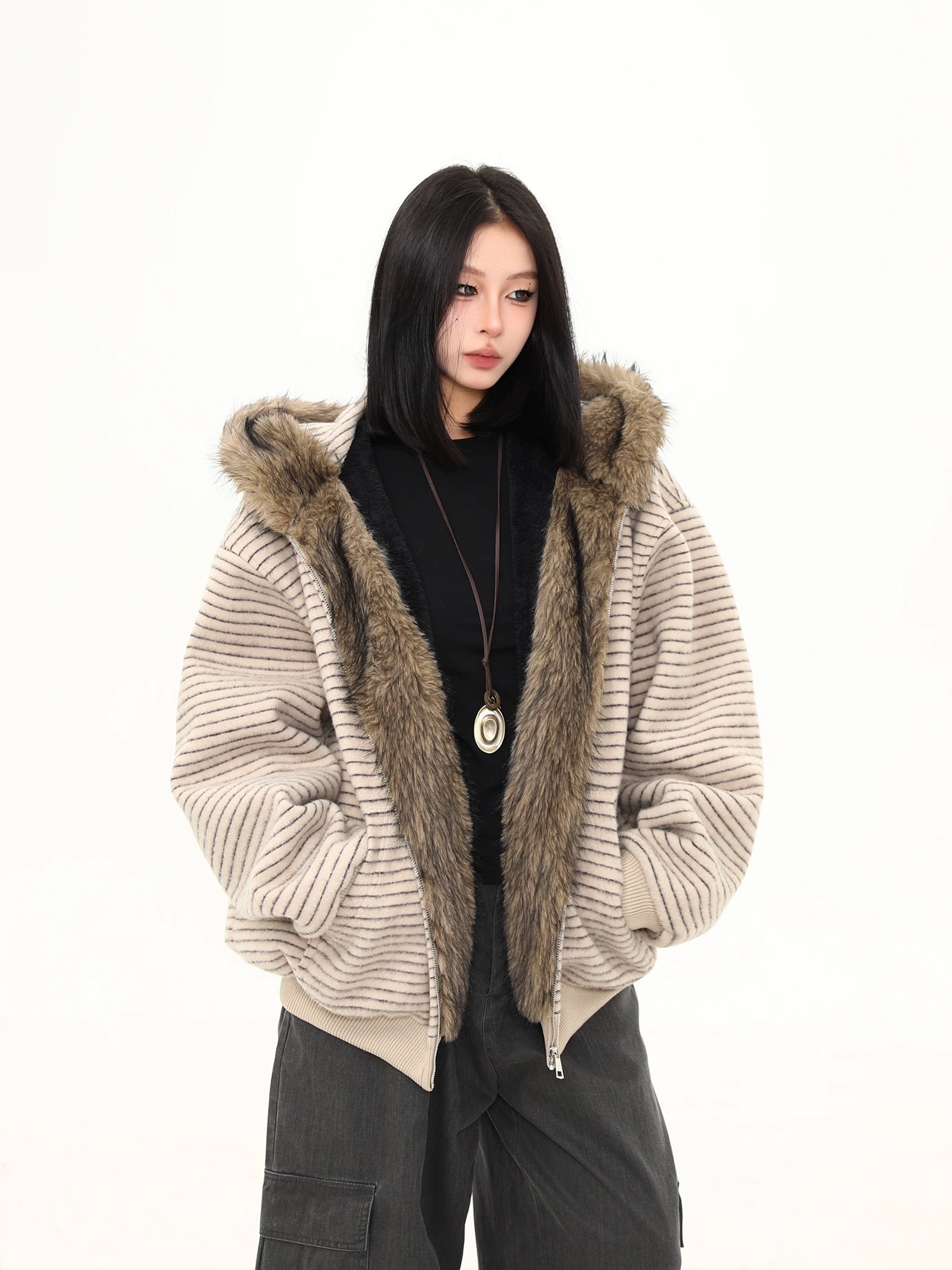 Frost Ridge Striped Faux Fur Hoodie Jacket