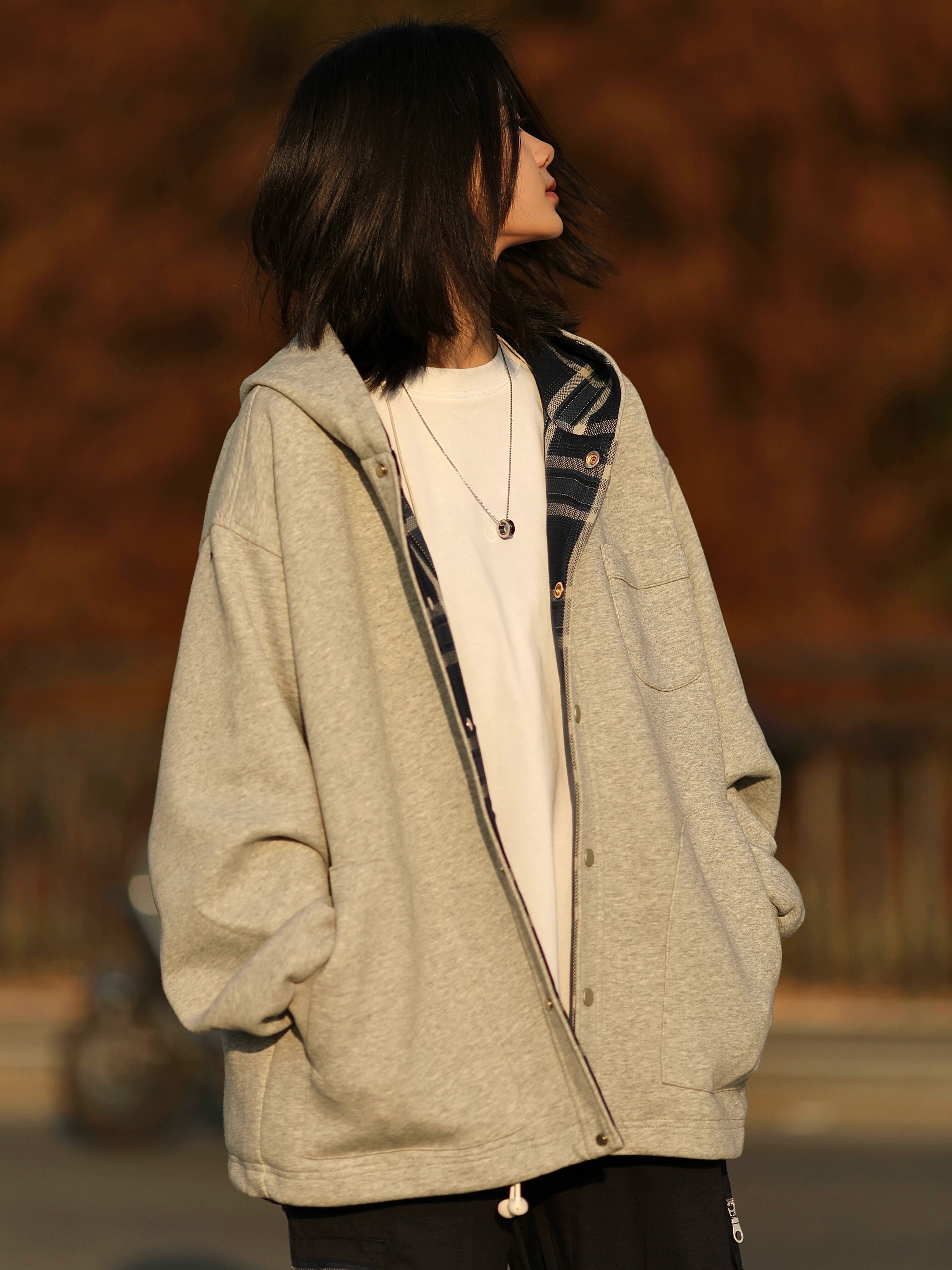 Button-Up Hoodie with Plaid Lining