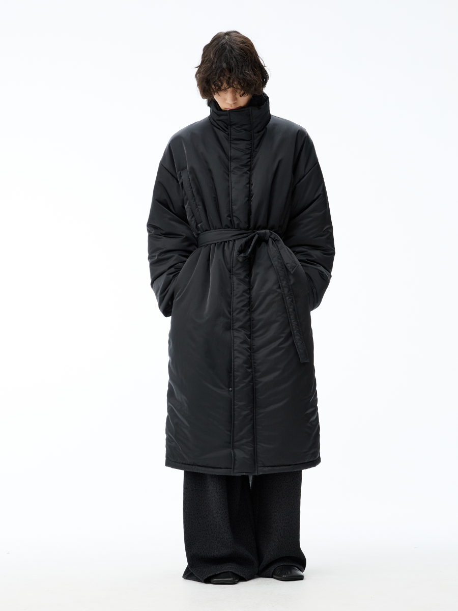 High Stand Collar Belted Long Puffer Coat