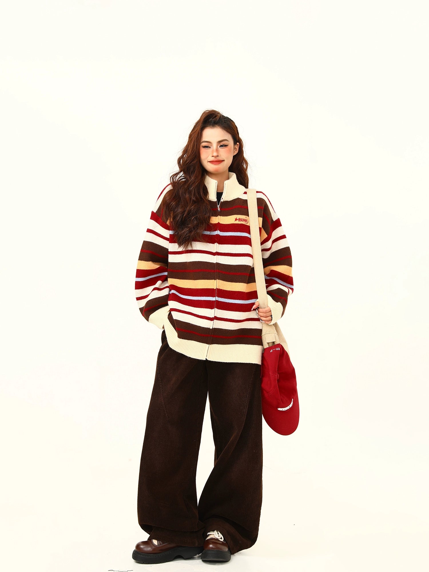 Striped Oversized Knit Zip-Up Sweater