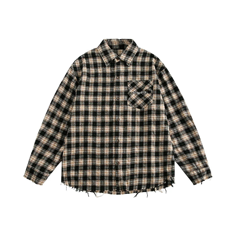 Oversized Distressed Plaid Flannel Shirt