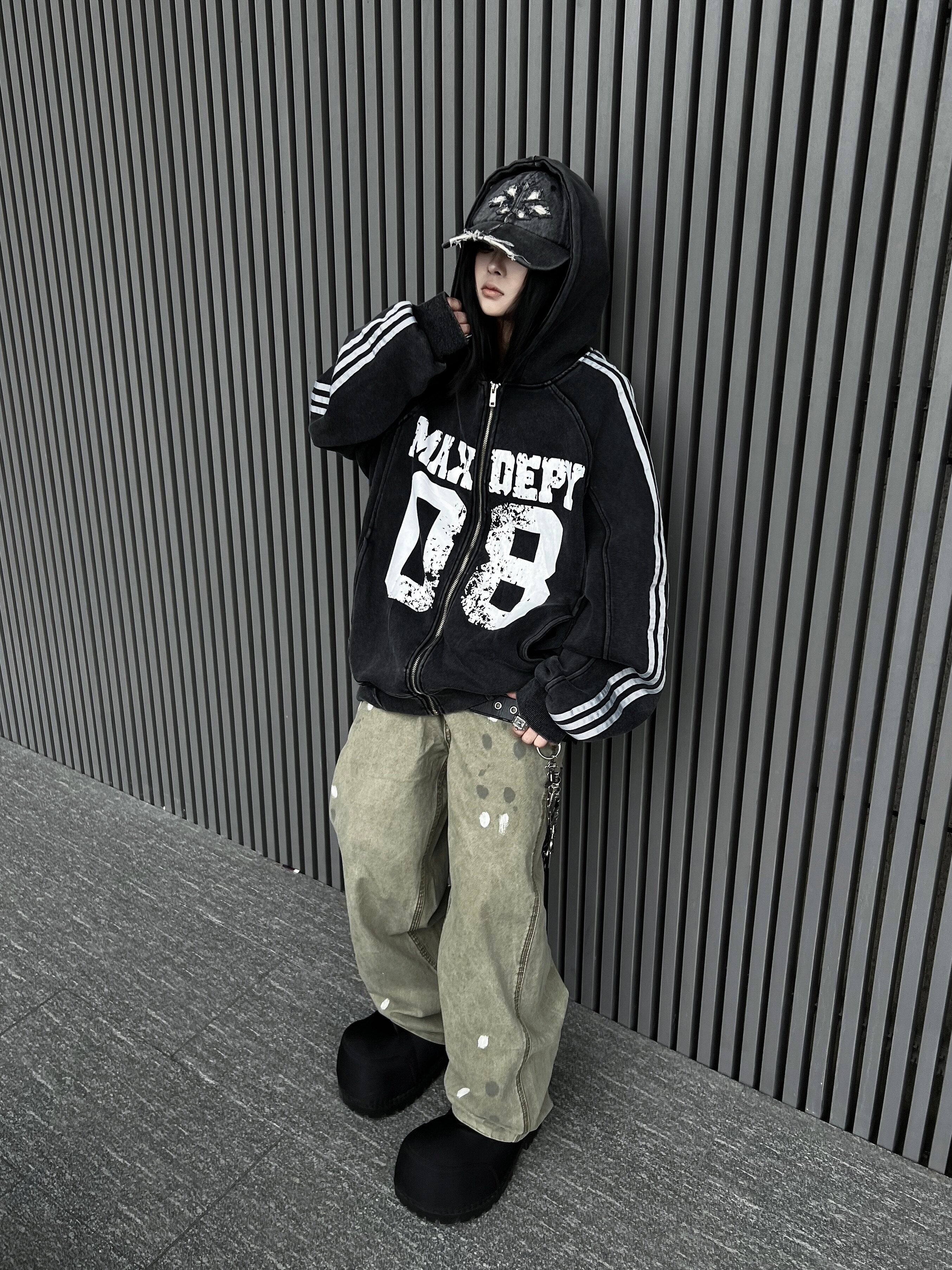 Men's Washed Distressed Letter Oversized Zip-Up Hoodie