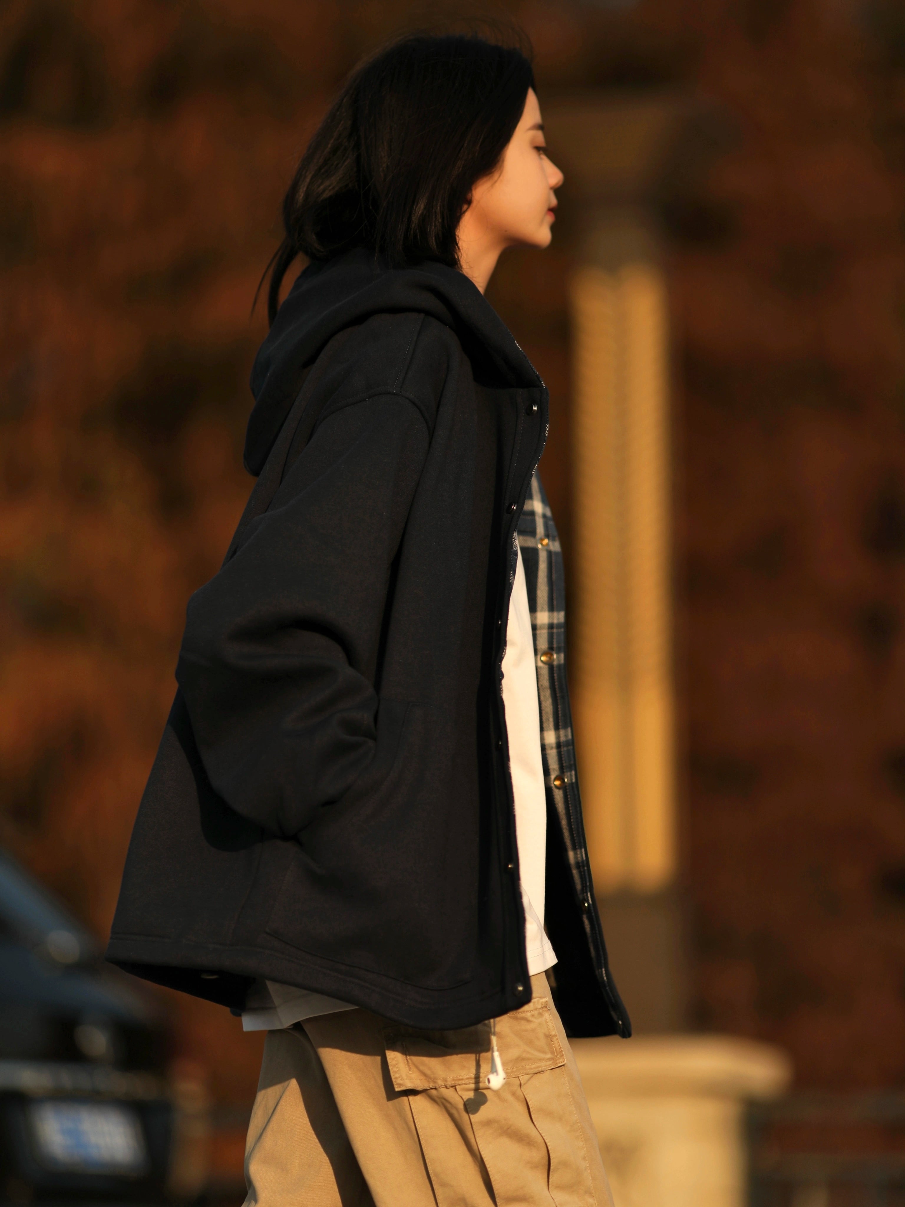Button-Up Hoodie with Plaid Lining