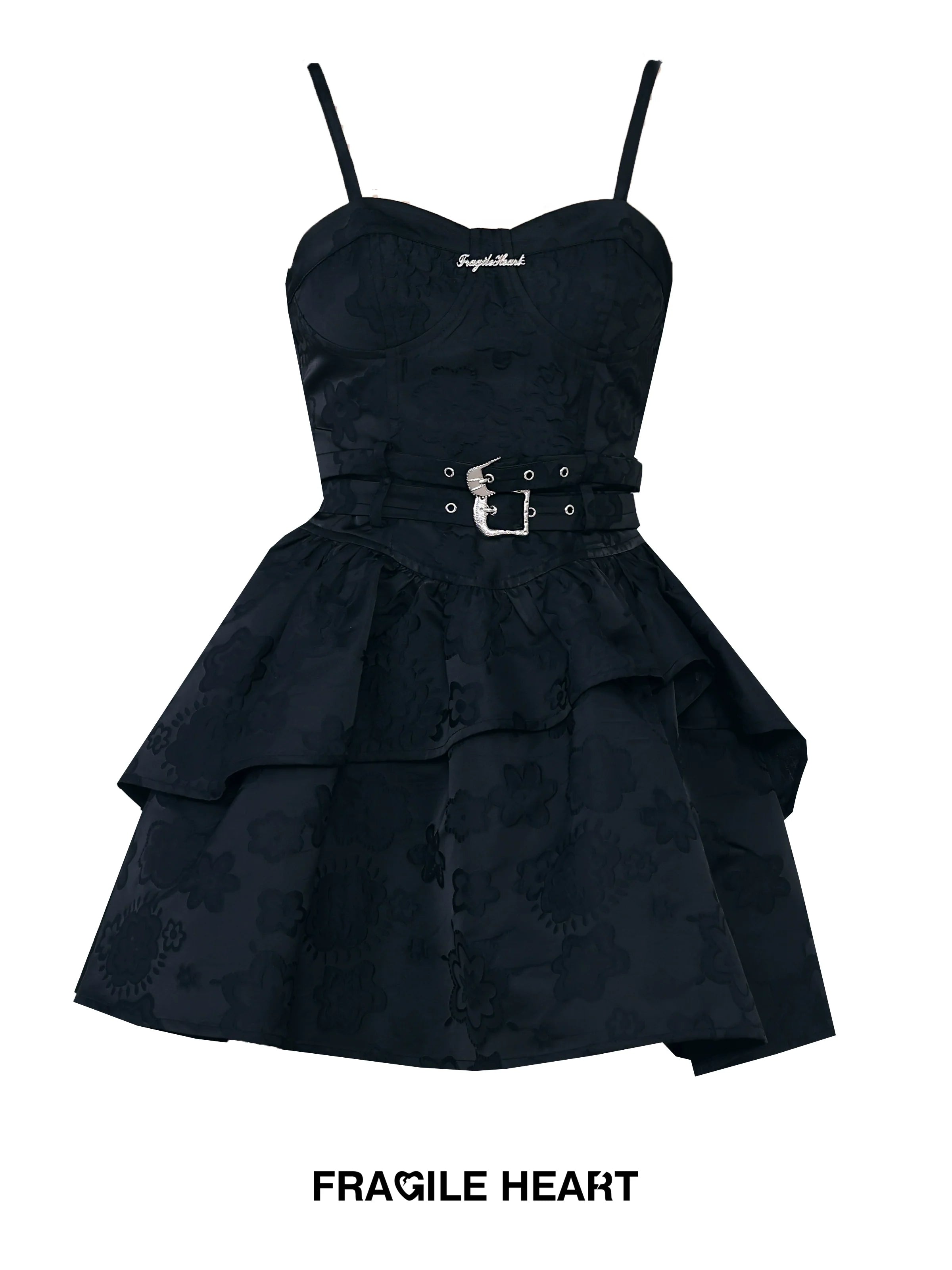 Fragile Heart Black Tiered Mini Dress with Belted Waist