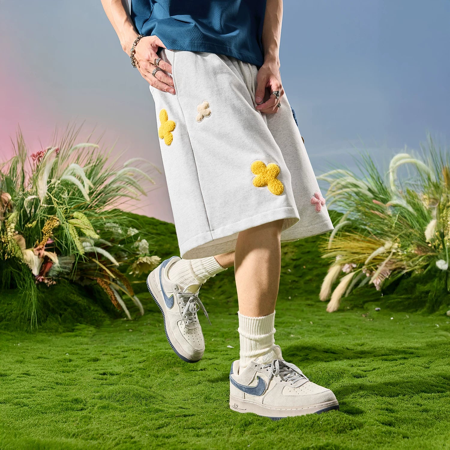 Playful Floral Appliqué Drawstring Sweat Shorts