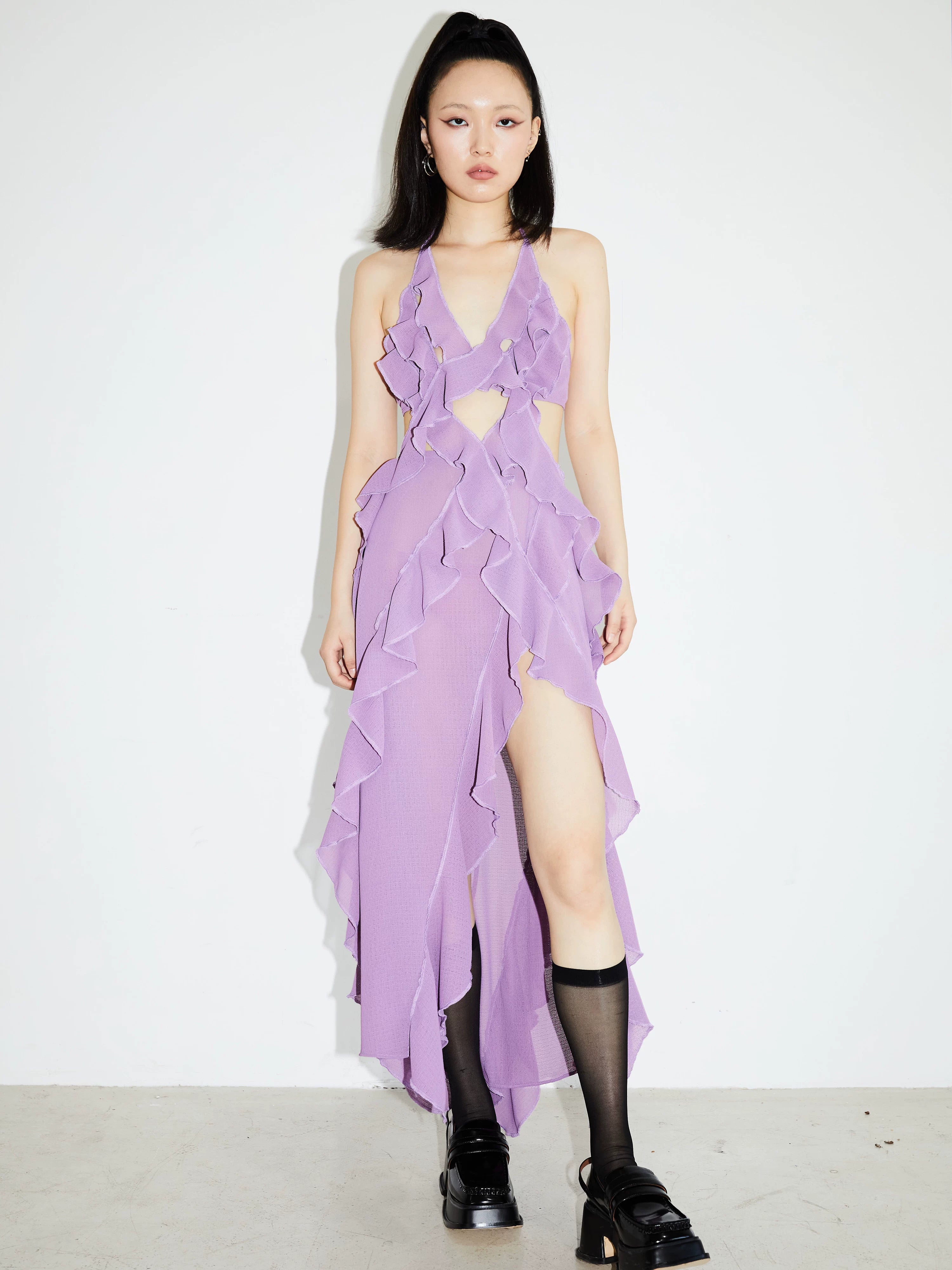 Lavender Ruffle Cutout Maxi Dress