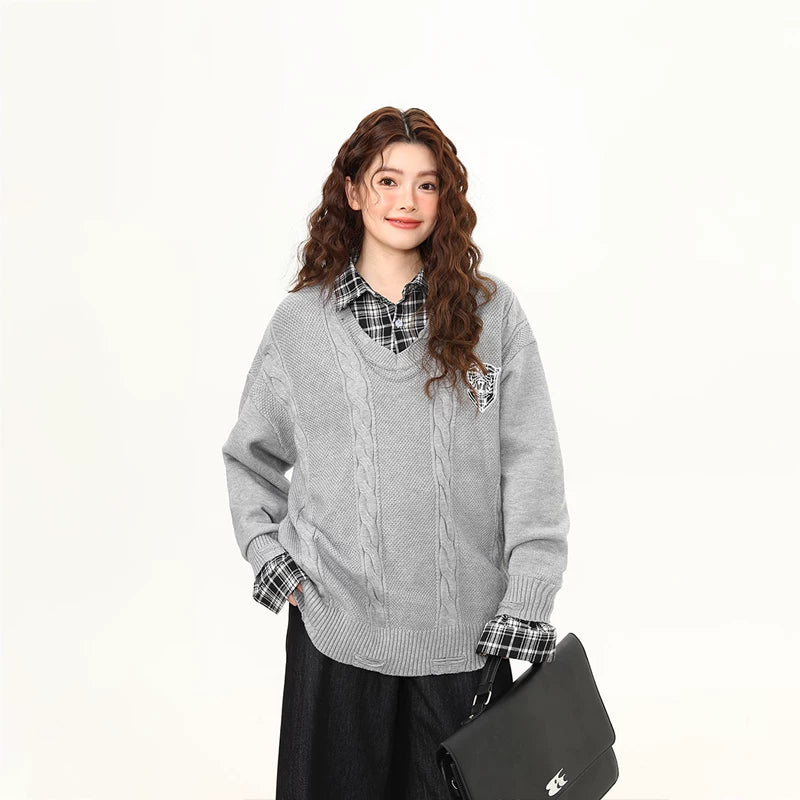 Slate Campus Cable Knit V-Neck Sweater