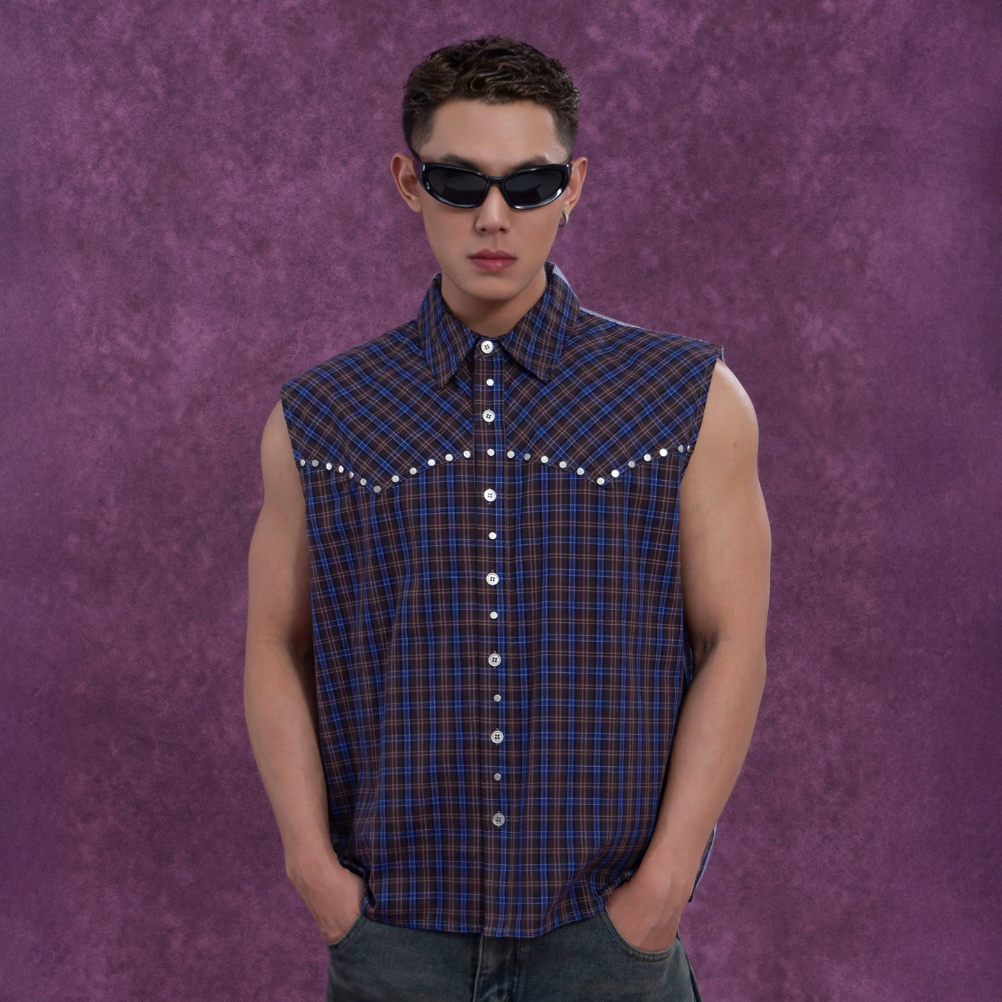 Midnight Rodeo Studded Plaid Sleeveless Shirt