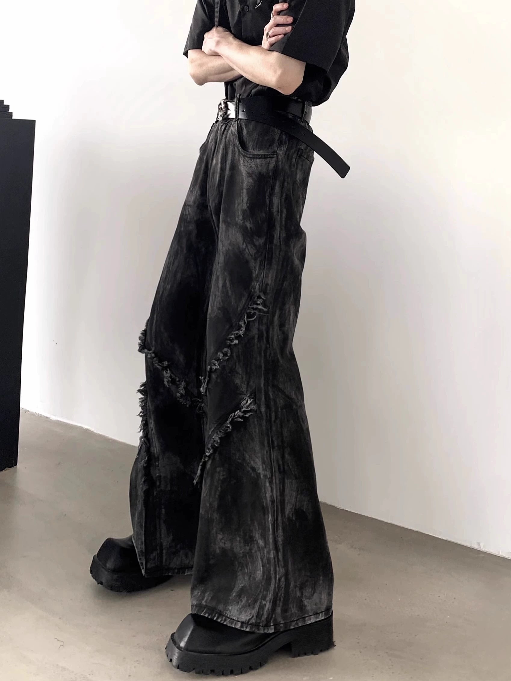Black Distressed Flared Jeans with Frayed Seams